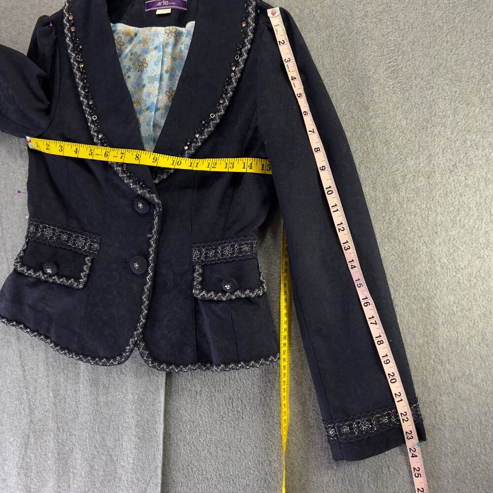 Vintage Y2K Blue Lace Sequence Trim Blazer Sz XS Victorian Cropped Whimsical - Picture 3 of 11